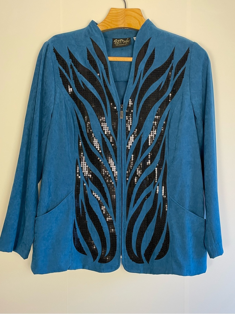 VTG BOB MACKIE Wearable Art Blue Faux Suede Sequin Jacket Plus 1X R.I.P.